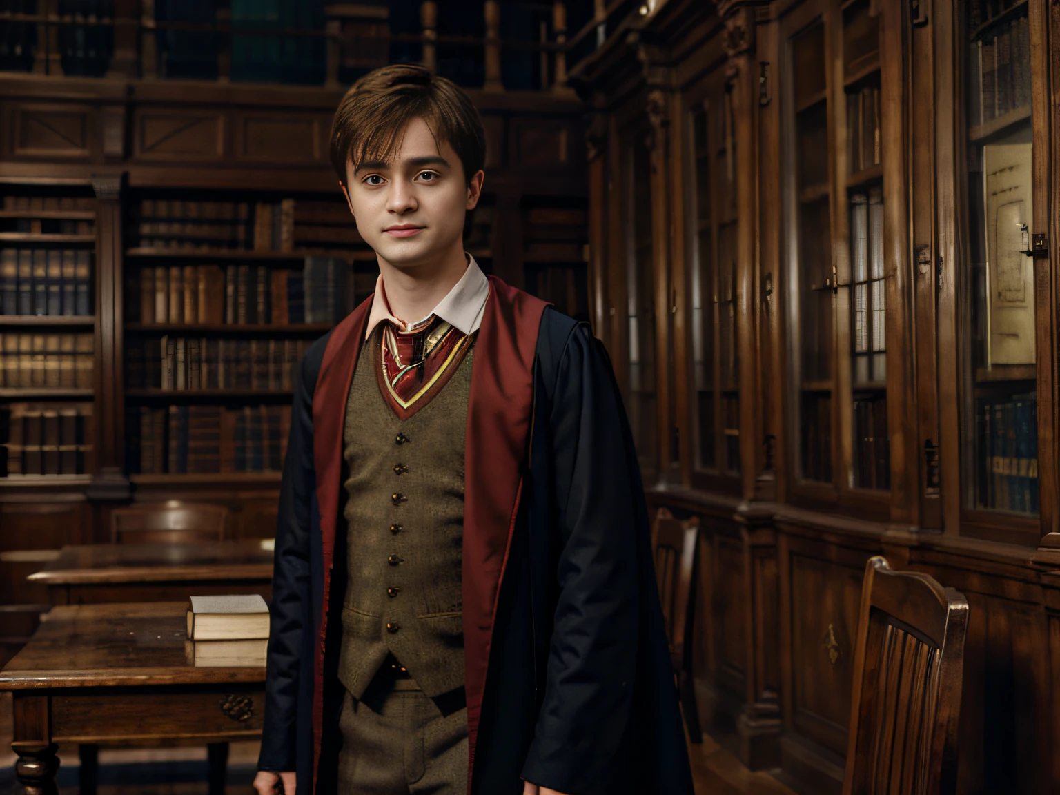 Daniel Radcliffe, school dress, library, art realistic high quality, Hogwarts style, Charismatic character