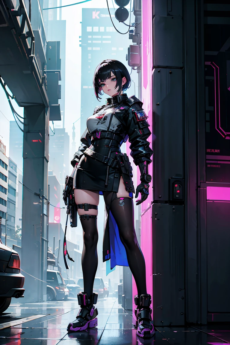 "Full body representation (from feet to head), frontal, 1girl, beautiful cyberpunk princess dressed in armor and short hair. The image must be hyper-realistic, with an extremely detailed face. Texture resolution must be 16k."
