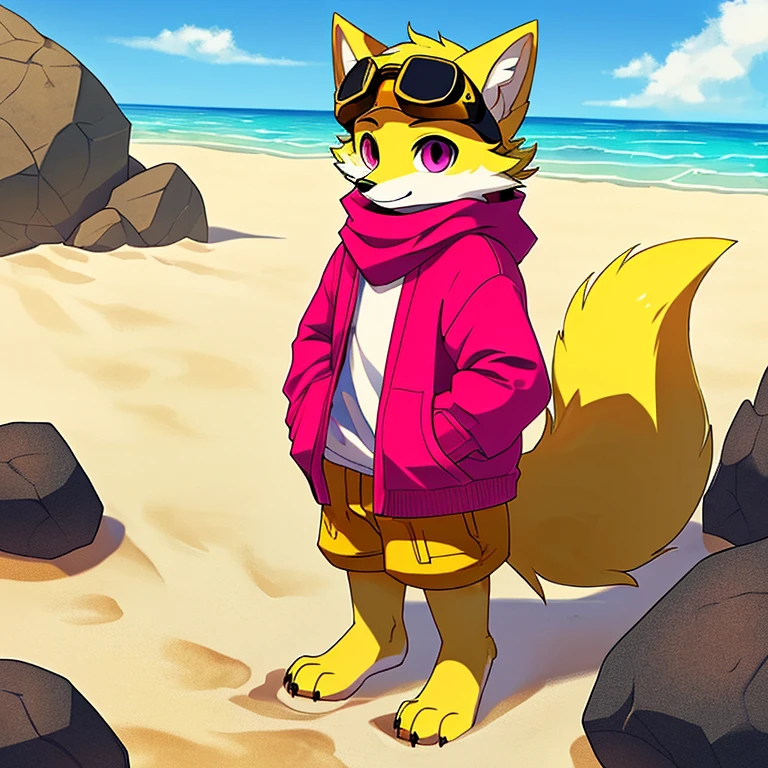 (A character), (Fox with yellow fur and white chest), (under the snout is white), (yellow fur), (tip of the tail white), (wears a magenta sweater), (light blue scarf), ( yellow cap with orange visor), (orange visot), (magenta eyes), (slender and fit body), (appears apparently thin but strong), (relaxed expression), (male), (medium height), (solitary), (solo), (white eyebrows), (yellow legs), (yellow hat), (golden fur), (golden yellow fur), (small dark yellow claws), (4 toes on his paws), (magenta eyes), fluffy, (fluffy fur), goggles, (black glass goggles), (background beach), (beach), (rocks in the sand), rocks