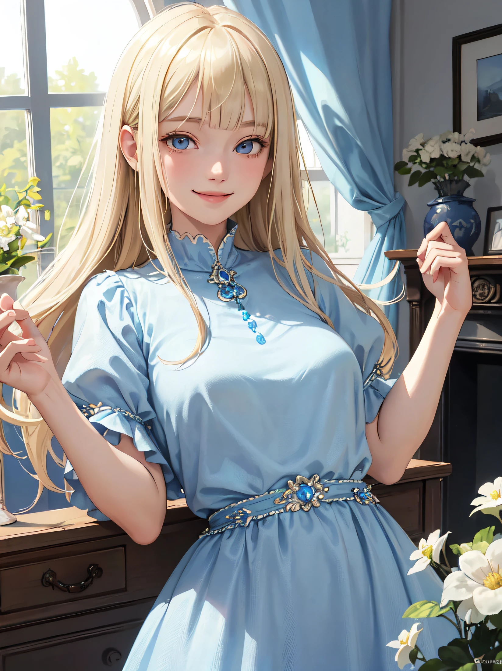 1lady, 独奏, young girl, , straight blonde hair, blunt bangs, Blue eyes, (smile), (masterpiece, best quality:1.2) delicate illustration, ultra-detailed, medium breasts, ((upper body)), (light blue dress), living room、Forced expression