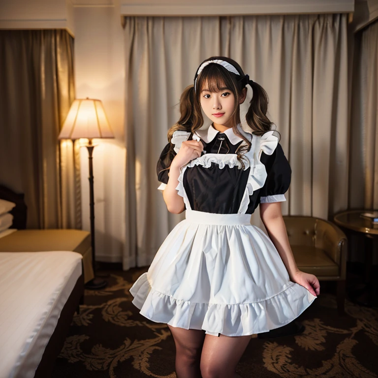 look up from below,(8k RAW photo:1.1),natural lighting,(beautiful Akihabara maid stands in luxury bedroom at night in black maid costume and headdress),(lift skirt :1.3),(no makeup),((cute round face)),(smiling),((realistic)),,braid hair and straight bangs,bright pale skin,((baby face)),childiatt skin,no p,ultra cute, transparent eyes, adorable charm, elegance,Render in a realistic style with meticulous attention to detail,photorealistic, transparent air, (best quality, masterpiece, ultra detailed, ultra high res, photorealistic, raw photo, absurdres, absolutely resolution:1.3), photographed by professional photographers using the highest quality equipment