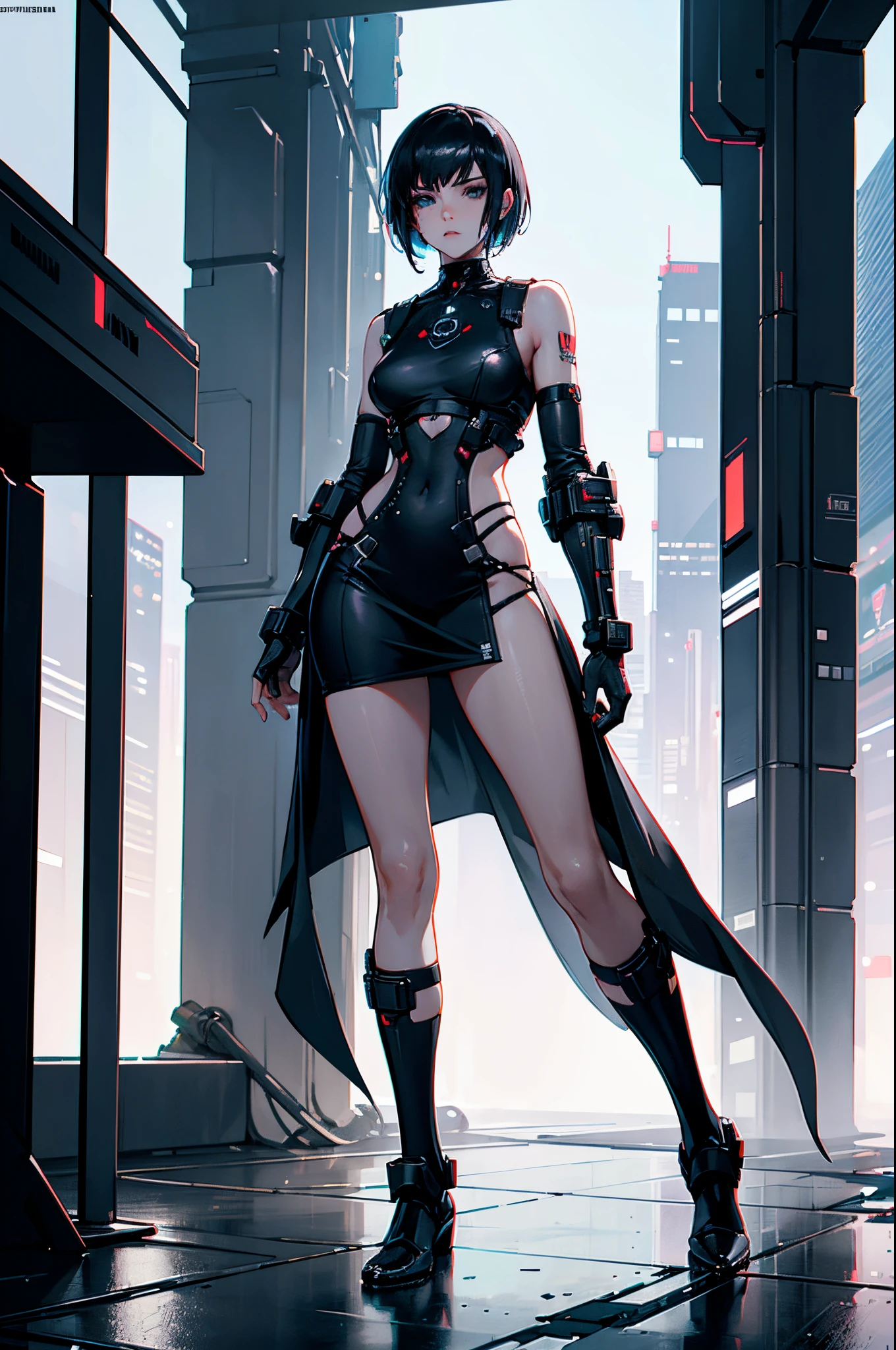"Full body representation (from feet to head), from the front, 1 girl, beautiful cyberpunk princess, dressed in armor, with short hair. The image must be hyper-realistic, with an extremely detailed face. Texture resolution must be 16k ."
