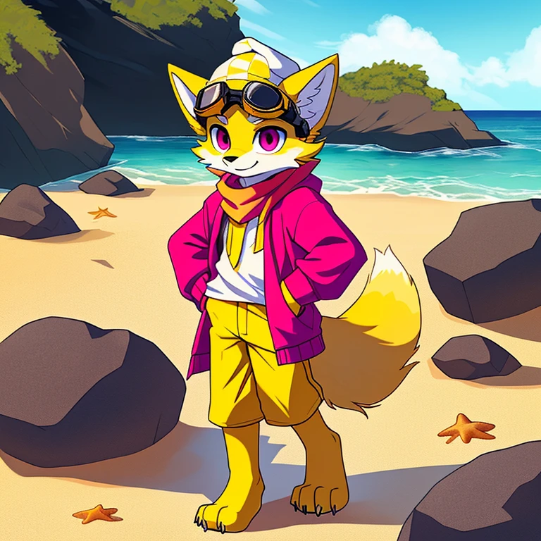 (A character), (Fox with yellow fur and white chest), (under the snout is white), (yellow fur), (tip of the tail white), (wears a magenta sweater), (light blue scarf), ( yellow cap with orange visor), (orange visot), (magenta eyes), (slender and fit body), (appears apparently thin but strong), (relaxed expression), (male), (medium height), (solitary), (solo), (white eyebrows), (yellow legs), (yellow hat), (golden fur), (golden yellow fur), (small dark yellow claws), (4 toes on his paws), (magenta eyes), fluffy, (fluffy fur), goggles, (black glass goggles), (background beach), (beach), (rocks in the sand), rocks