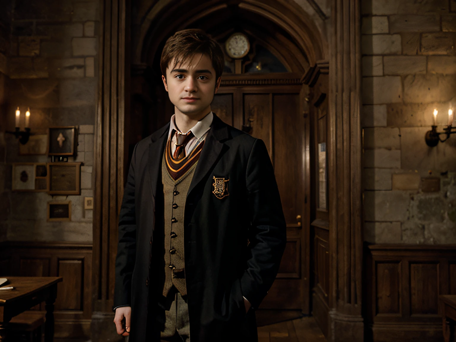 Daniel Radcliffe in Hogwarts uniform, hall, art realistic high quality, Hogwarts style