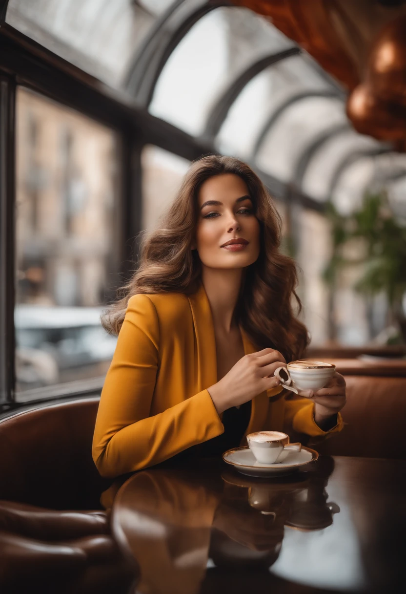 .Photographie à mi-corps d’une femme belle et attirante dans un café moderne avec de nombreuses fenêtres ::3 Mode, Mode moderne - des vêtements qui mettent en valeur votre corps parfait ::2 Photographie prise à l’aide d’un Canon 6D Mark II équipé d’un objectif de 85 mm/ 4 et ISO 100 ::3 Coup de glamour, Photographie primée, mise au point nette, Éclairage dynamique ::1