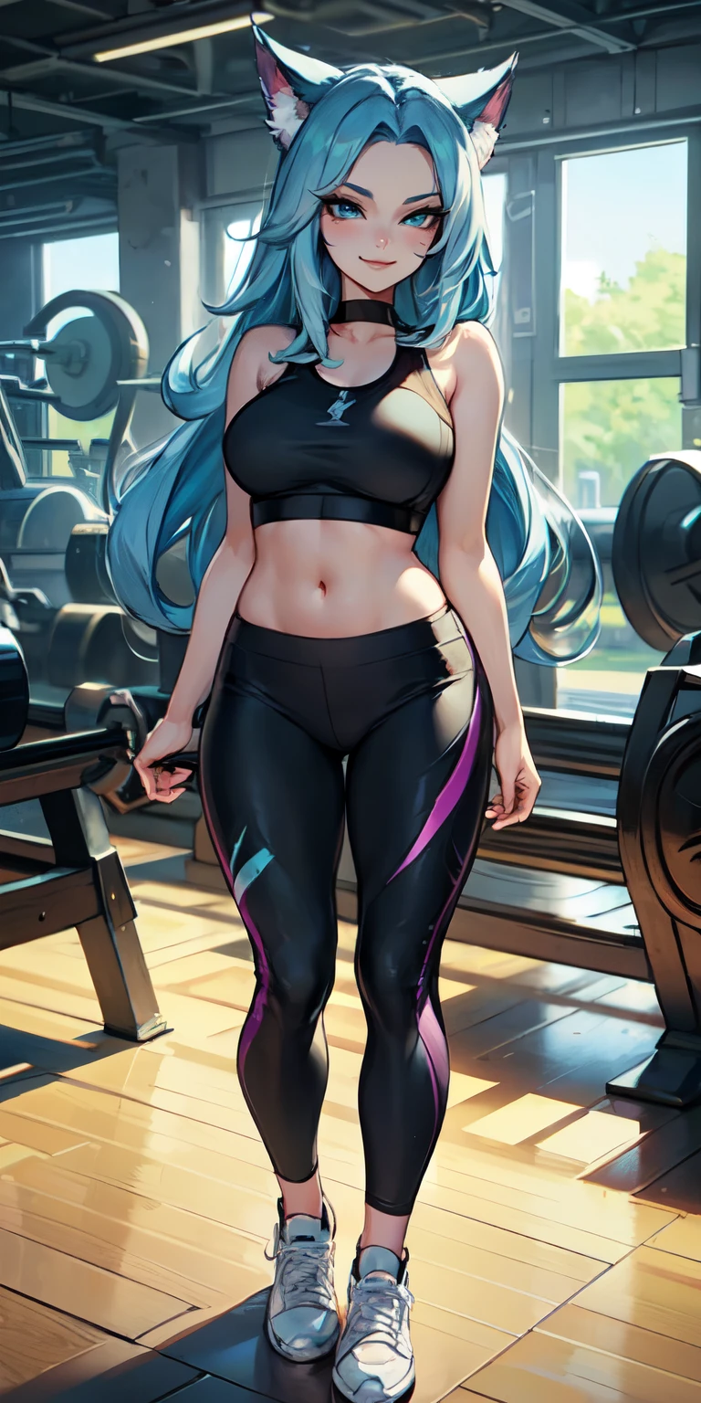 Masterpiece, 8k, art style by sciamano240, very detailed face, detailed clothes, detailed fabric, 1girl, ( Death sworn Katarina (league of legends 1.1)) beautiful face, asymmetrical long hair, light blue hair, exposed navel, sports bra, white sneakers, very detailed blue cat eyes, lululemon style leggings, cute smirk, posing back towards viewer, day, full body view , gym setting, seductive eyes,