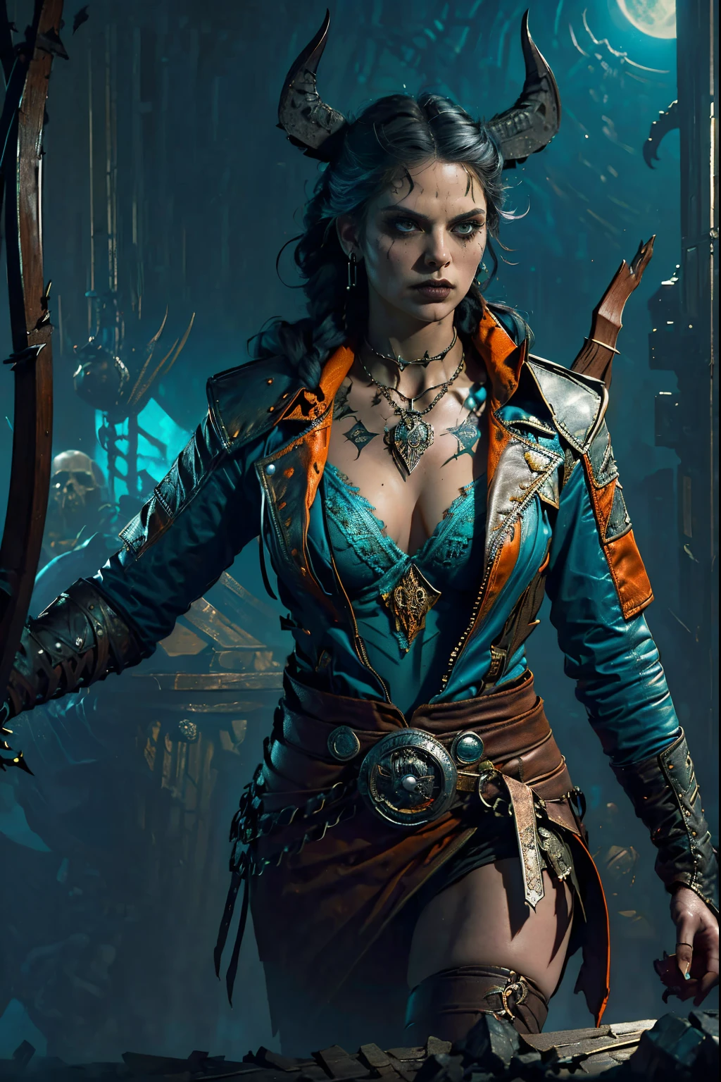 evil, Gothic art, chiaroscuro, tachi-e, projected inset, dutch angle, emphasis lines, masterpiece, ccurate, anatomically correct, highres, best quality, super detail, award winning,D14bl0 style witcher,Van Helsing,(((femele))),(Busty and sexy),((combateautiful face,silber hair,There are five strands of braid,Gothic leather jacket,archers,shooting(Sexual suggestiveness),Epic war fantasy digital art,(greg rutkovsky:0.8), (cyan and orange:0.4),character chart, tachi-e