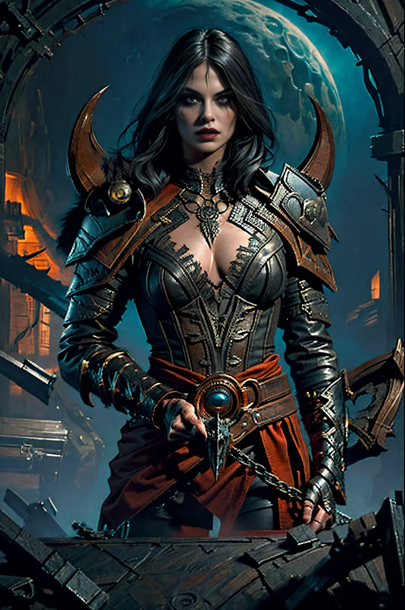 evil, Gothic art, chiaroscuro, tachi-e, projected inset, dutch angle, emphasis lines, masterpiece, ccurate, anatomically correct, highres, best quality, super detail, award winning,D14bl0 style witcher,Van Helsing,(((femele))),(Busty and sexy),(()),Beautiful face,Gothic leather jacket,archers,(Sexual suggestiveness),Epic war fantasy digital art,(greg rutkovsky:0.8), (cyan and orange:0.4),character chart, tachi-e