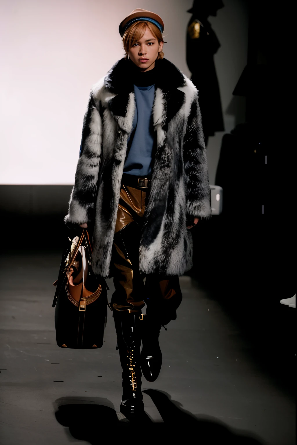 More realism in clothing
Blue hat, white Russian animal skin jacket, monochromatic white, coppery orange bag in the left hand, coppery orange pants along with boots