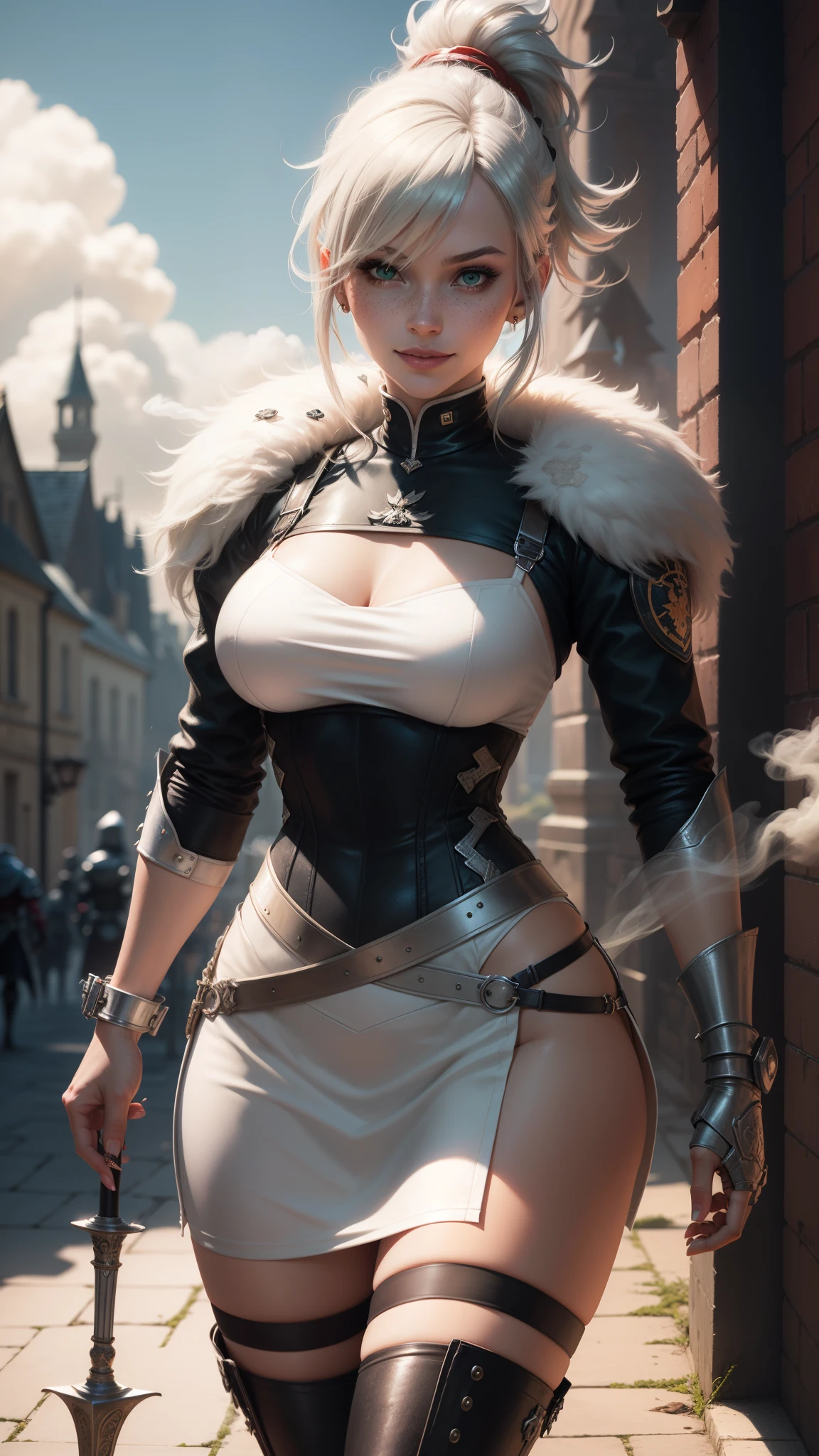 gwen tennyson,yorha 2b,tracer,mordred, rebecca chambers,overwatch,atelier ryza,close up,castle under siege,tattoos, jade and silver plugsuit,steel short sleeve knight top,short sleeve knight jacket,tight bodycon skirt,knight corset,ponytail hair,queen makeup,green eyes,multicolored silver hair,sexy smile,freckles,beautiful girl,fur thigh high boots,large breasts,8k,ultra detailed,realistic,fantasy art,knight uniform,knight queen uniform,hair pin,ear piercings,battlefield,jade hand and neck jewelry,(weather:smoke rising), 1girl,long knight coat,holding a spear,