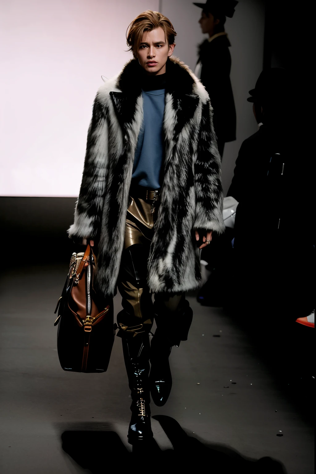 More realism in clothing
Blue hat, white Russian animal skin jacket, monochromatic white, coppery orange bag in the left hand, coppery orange pants along with boots