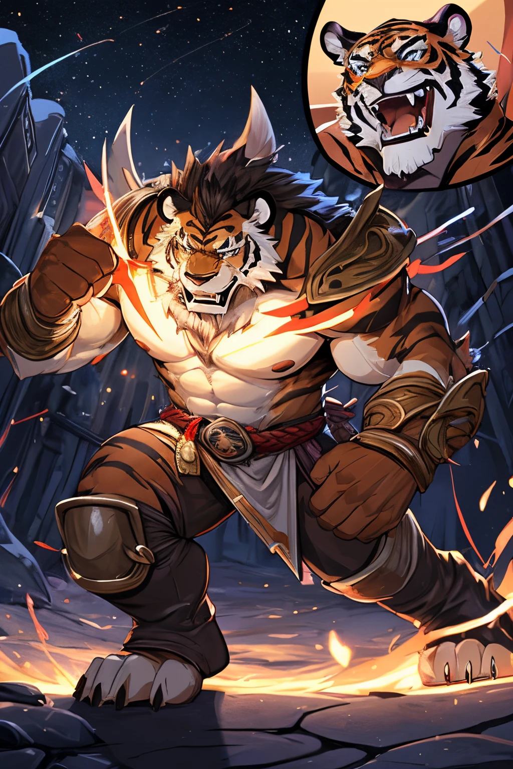 Kintaro close-up of a tiger in armor, Tiger_beast, muscular werewolf, Fur-clad barbarian Goliath, fighting game character, As a character in Tekken, Barack, Hybrid from the Varrior dynasty, Sabretooth, Anthropomorphic tiger, goron brute, muscled humanoid balrog demon, Strong and ferocious, inspired by Li Kan