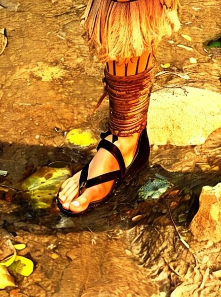 There was a woman standing on a rock,Immerse your feet in water, Wear sandals barefoot, sandals, Trample an ancient city, The barefoot, High-heeled gladiator sandals, wearing a toga and sandals, Detailed foot shots, Written, Uh-huh, the feet, Detailed close up shot, full body close-up shot, cloven hoof and horns, stomping