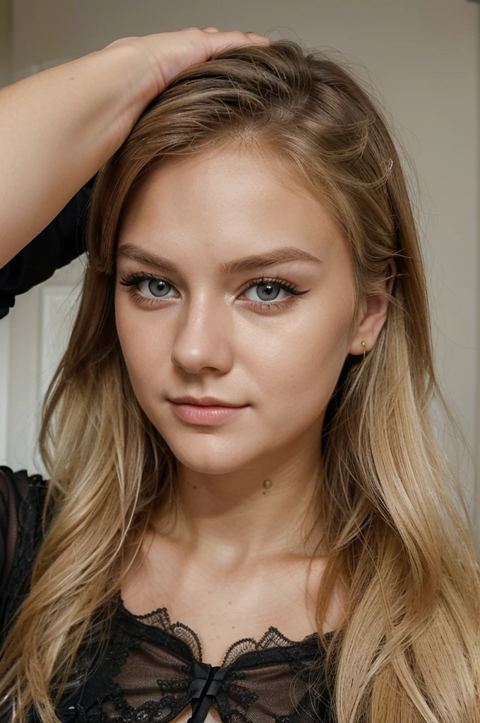((best quality)), ((Meisterwerk)), (Detailliert), Perfektes Gesicht, 1.1, Hochdetaillierte Gesichts- und Hautstruktur, Detaillierte Augen, cute makeup, Anna 21 year old blonde swedish girl, cute selfies