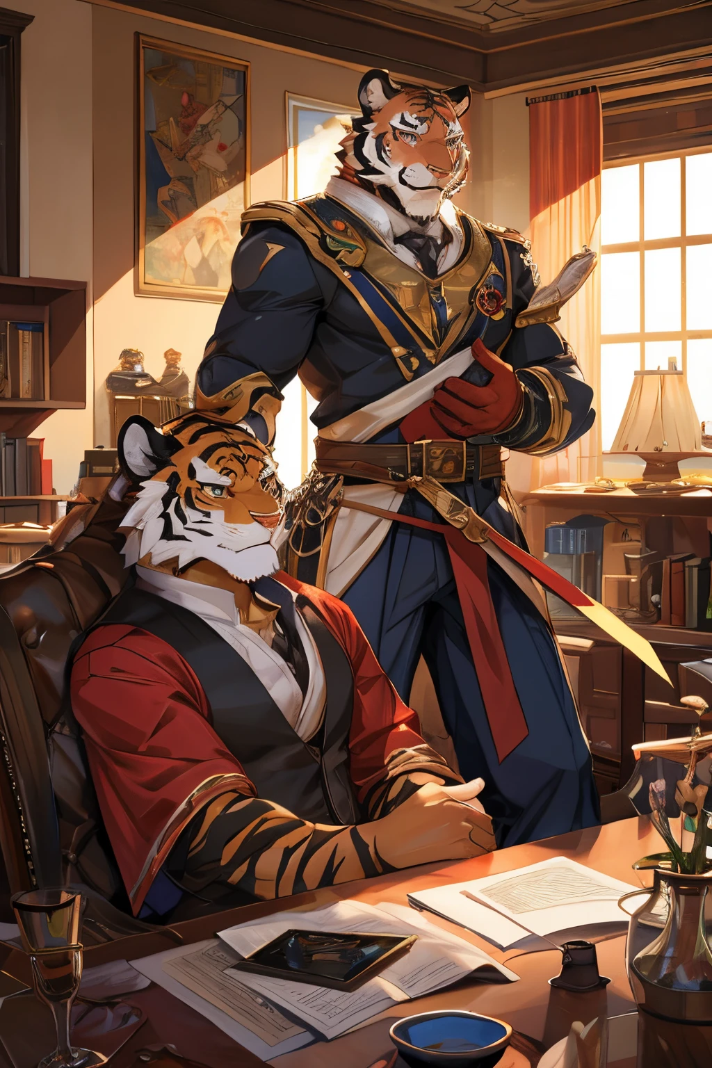anime characters in a room with a tiger on their head, J.C. Leyendecker and Sachin Teng, Tiger_beast, highly detailed exquisite fanart, trending on artstation pixiv, detailed digital anime art, ross tran and bayard wu, artgerm and atey ghailan, jazza and rossdraws, Stephen Lau and ArtGerm, high detail official illustrations