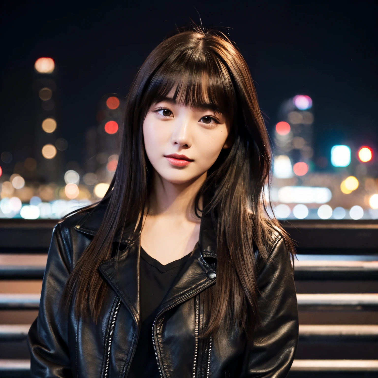 20years old, Long black hair, loose hair, bangs on her head, Brown eyes, small chest, black leather jacket, Jeans, Background: Modern city night,