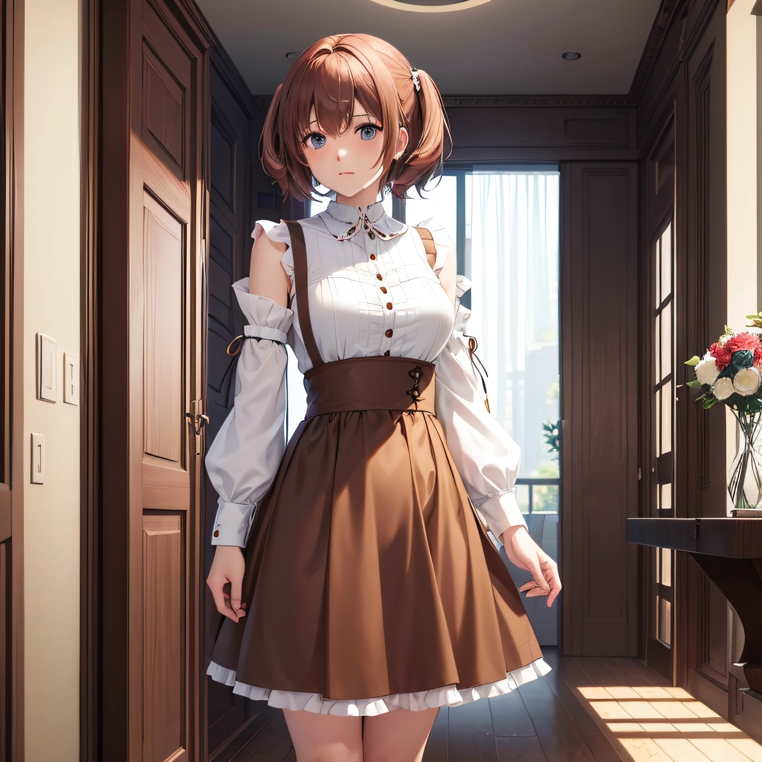 there is a woman in a brown dress standing in a room, female protagonist, rin, female protagonist 👀 :8, style game square enix, sayori, ayami kojima amano, inspired by Riusuke Fukahori, deayami kojima, makoto shinka, kasumi arimura style 3/4, female character, jin kagetsu