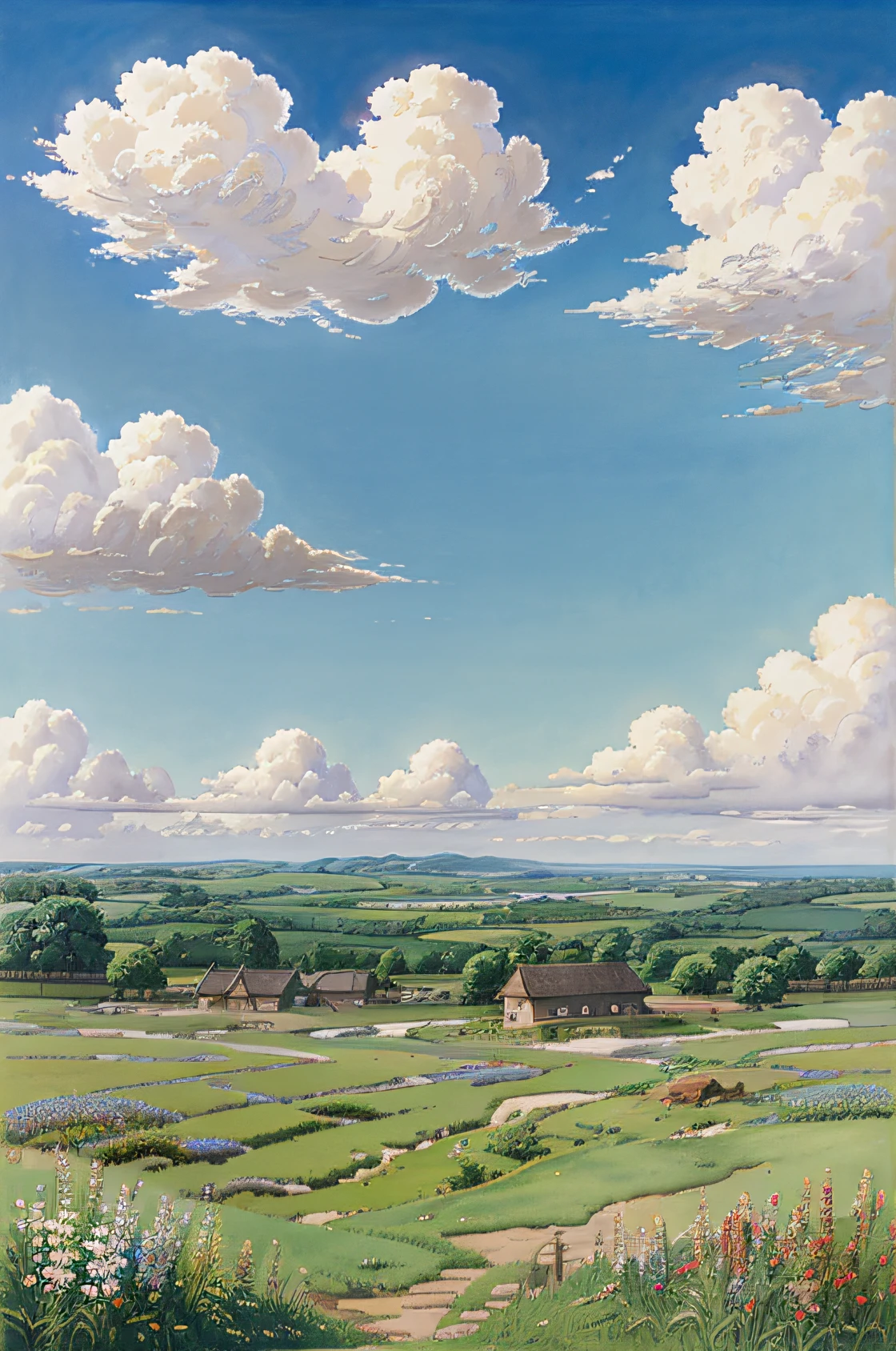 Realistic, Authentic, beautiful and amazing landscape oil painting Studio Ghibli Hayao Miyazaki's petal pasture with blue sky and white clouds