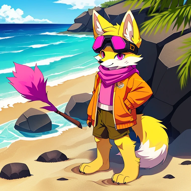 (A character), (Fox with yellow fur and white chest), (under the snout is white), (yellow fur), (tip of the tail white), (wears a magenta sweater), (light blue scarf), ( yellow cap with orange visor), (orange visot), (magenta eyes), (slender and fit body), (appears apparently thin but strong), (relaxed expression), (male), (medium height), (solitary), (solo), (white eyebrows), (yellow legs), (yellow hat), (golden fur), (golden yellow fur), (small dark yellow claws), (4 toes on his paws), (magenta eyes), fluffy, (fluffy fur), goggles, (black glass goggles), (background beach), (beach), (rocks in the sand), rocks, (blue sky kerchief)