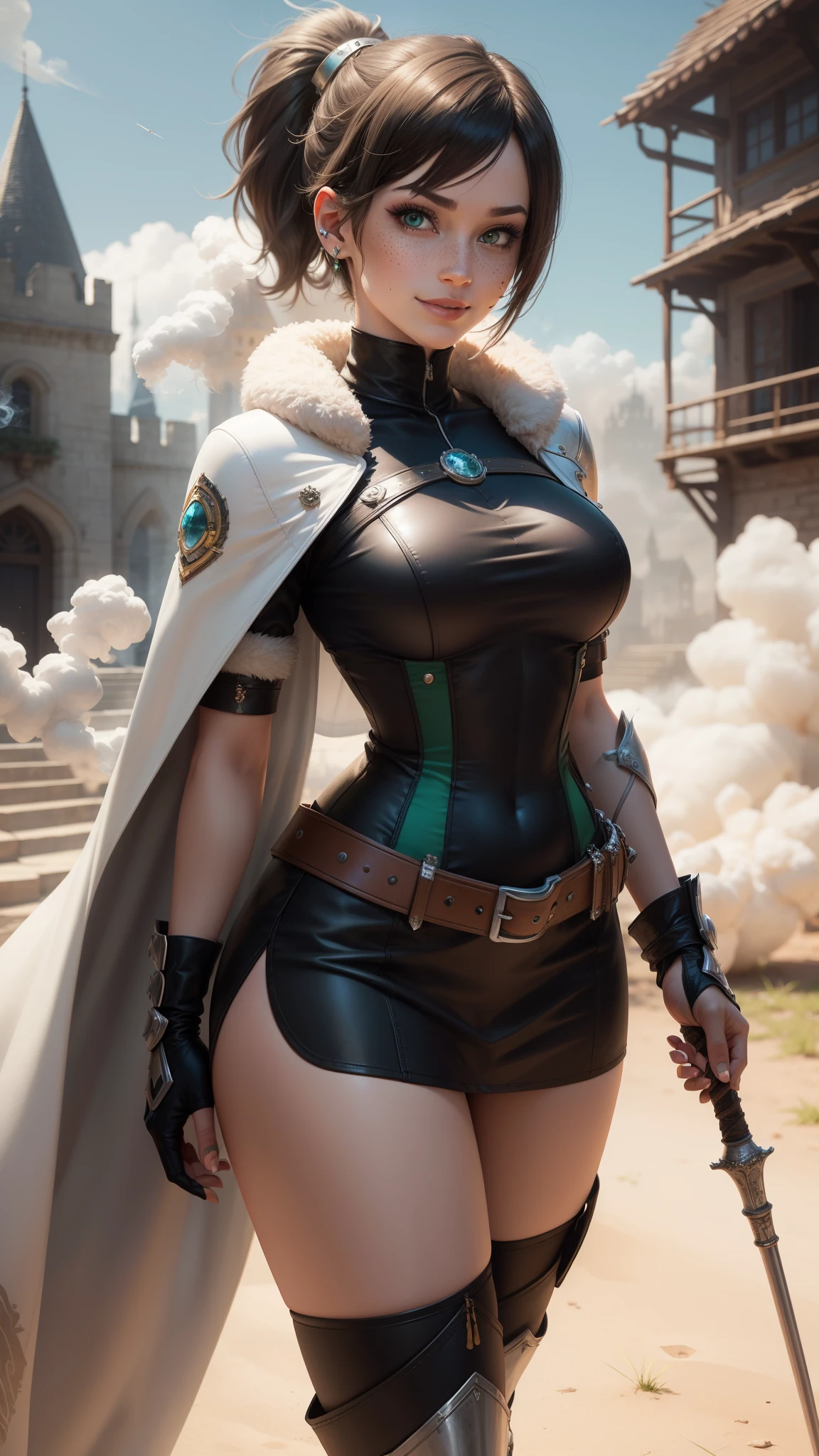 gwen tennyson,yorha 2b,tracer,mordred, rebecca chambers,overwatch,atelier ryza,close up,castle under siege,tattoos, jade and silver plugsuit,tight short sleeve knight top,short sleeve knight jacket,tight bodycon skirt,tight knight corset,ponytail hair,queen makeup,green eyes,multicolored silver hair,sexy smile,freckles,beautiful girl,fur thigh high boots,large breasts,8k,ultra detailed,realistic,fantasy art,knight uniform,knight queen uniform,hair pin,ear piercings,battlefield,jade hand and neck jewelry,(weather:smoke rising), 1girl,long knight coat,holding a spear,