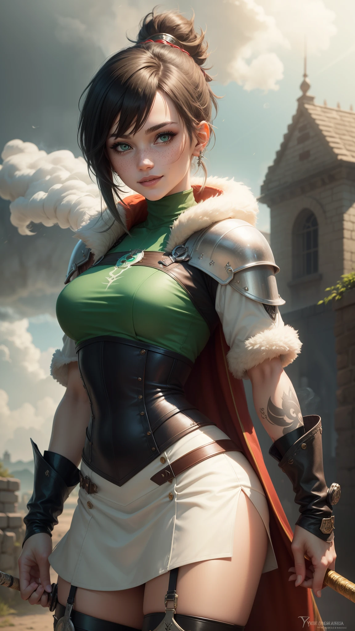 Personagem mulher estilo atompunk Fallout 4 cabelos pretos atriz Ella Purnell com marcas de guerras Imagem de desenho animado de uma mulher .Ilustracaoo estilo desenho animado, estilo de arte dos desenhos animados, estilo de arte dos desenhos animados, digital illustration style, estilo atompunk design de personagens altamente detalhado, arte digital detalhada coragem,atriz Ella Purnell com cabelos pretos um close up de uma mulher em um vestido verde com uma espada, extremely detailed artegerm, Wlop Ross sorteios, sedutor elfo princesa cavaleiro, ashé, garota de armadura, girl of the zodiac knights, style , garota elfa, uma guerreira loira sexy, uma guerreira loira esmeralda, elfa, Ross Draws 1. 0, even GTA model