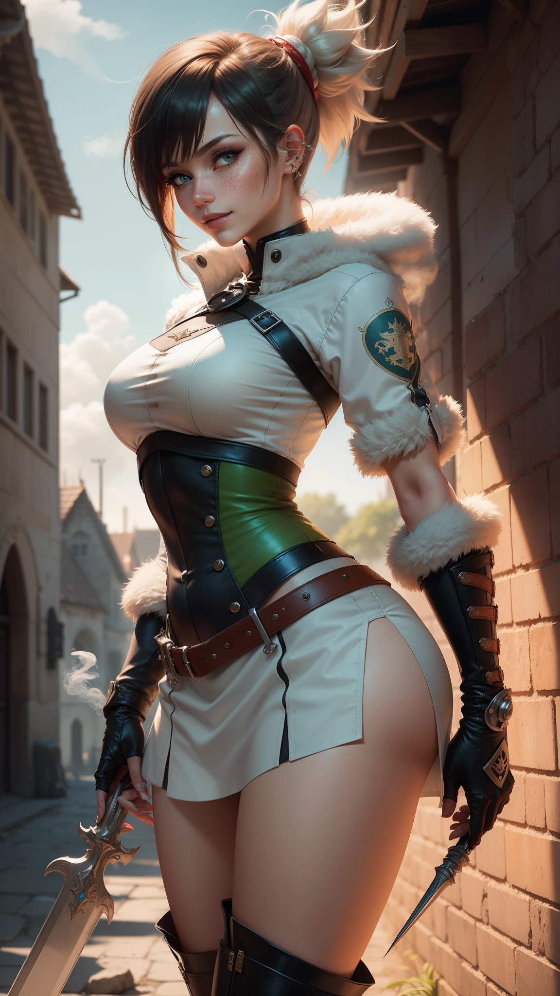 gwen tennyson,yorha 2b,tracer,mordred, rebecca chambers,overwatch,atelier ryza,close up,castle under siege,tattoos, jade and silver plugsuit,tight short sleeve knight top,short sleeve knight jacket,tight bodycon skirt,tight knight corset,ponytail hair,queen makeup,green eyes,multicolored silver hair,sexy smile,freckles,beautiful girl,fur thigh high boots,large breasts,8k,ultra detailed,realistic,fantasy art,knight uniform,knight queen uniform,hair pin,ear piercings,battlefield,jade hand and neck jewelry,(weather:smoke rising), 1girl,long knight coat,holding a spear,