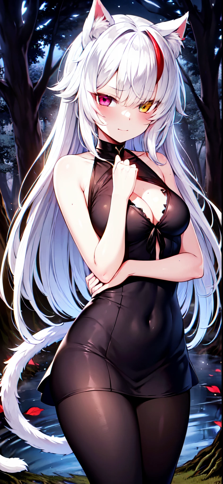 masterpiece, best quality, high resolution, 1girl, solo, (((beautiful body))), Perfect hands, gorgeous, long hair, white hair with red tips, ((heterochromia)), (left eye red), (right eye yellow), tsurime eyes, smug face, breasts, cat ears, Oni horns, cat tail, black pantyhose, gothic dress, forest, moonlight, by MDA Starou