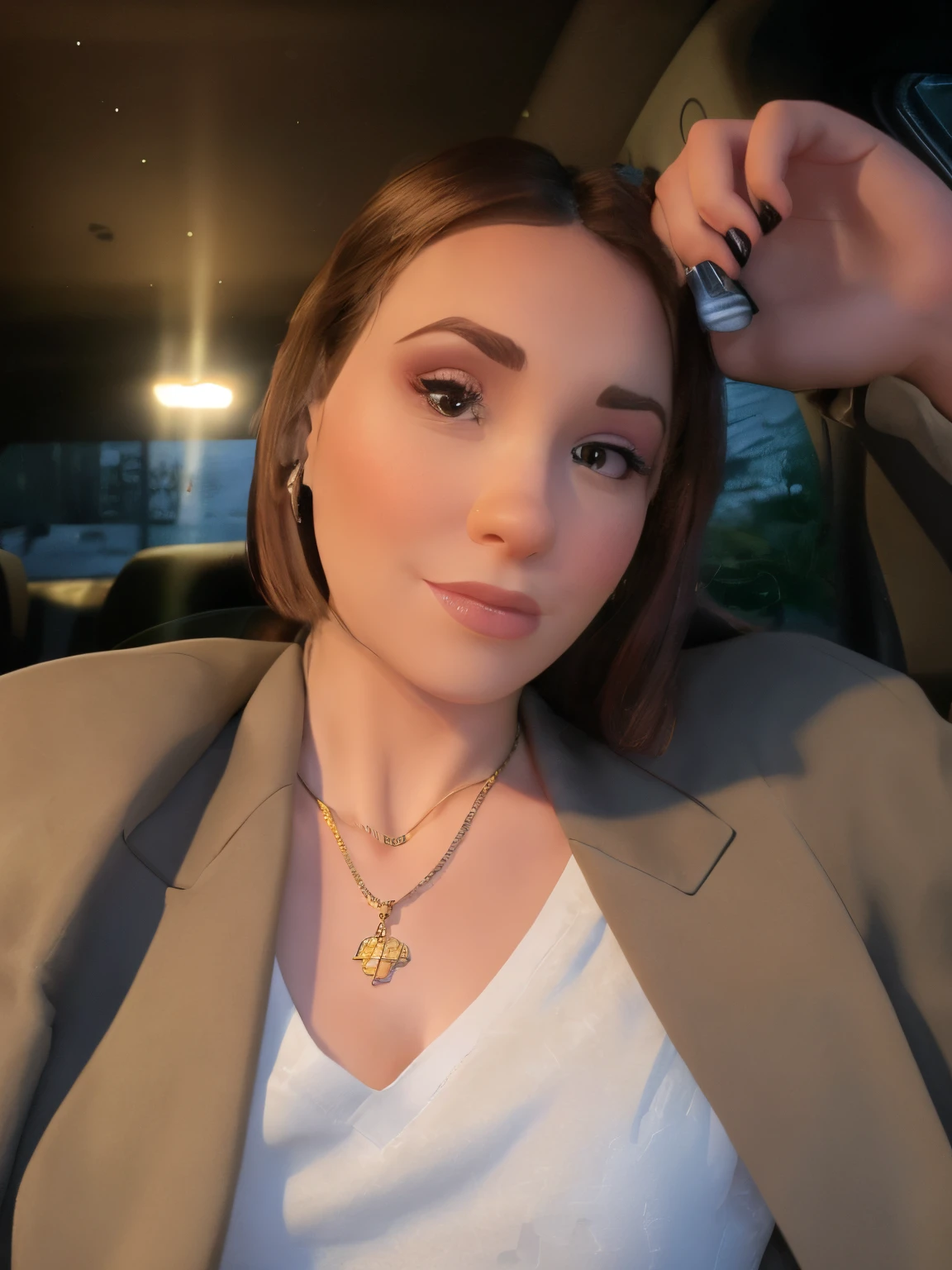 woman in a car with a necklace and a jacket on, wearing professional makeup, wears a egyptian ankh necklace, taken in the early 2020s, sitting in her car, sultry look, with professional makeup, very very low quality picture, glowy, outfit photo, sultry smirk, headshot profile picture, snapchat photo