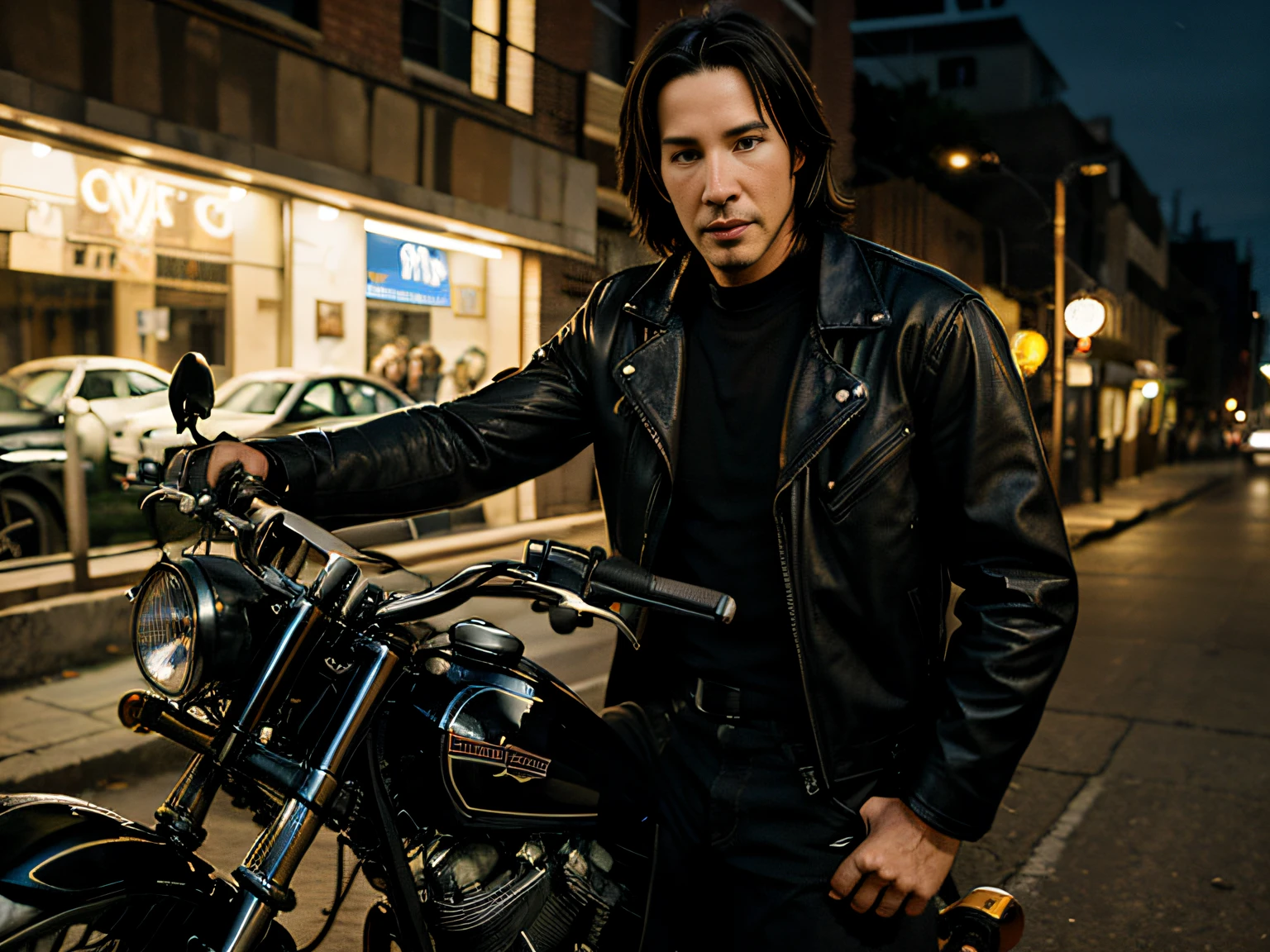 ager Keanu Reeves, leather jacket, in low light, rides a bike at night, Digital Art, Maximum Quality
