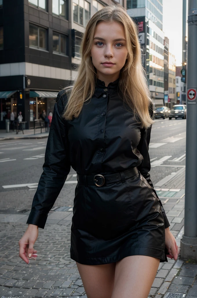 ((best quality)), ((Meisterwerk)), (Detailliert), Anna 21 year old blonde swedish girl, full body picture in the city, modest clothing, cute makeup
