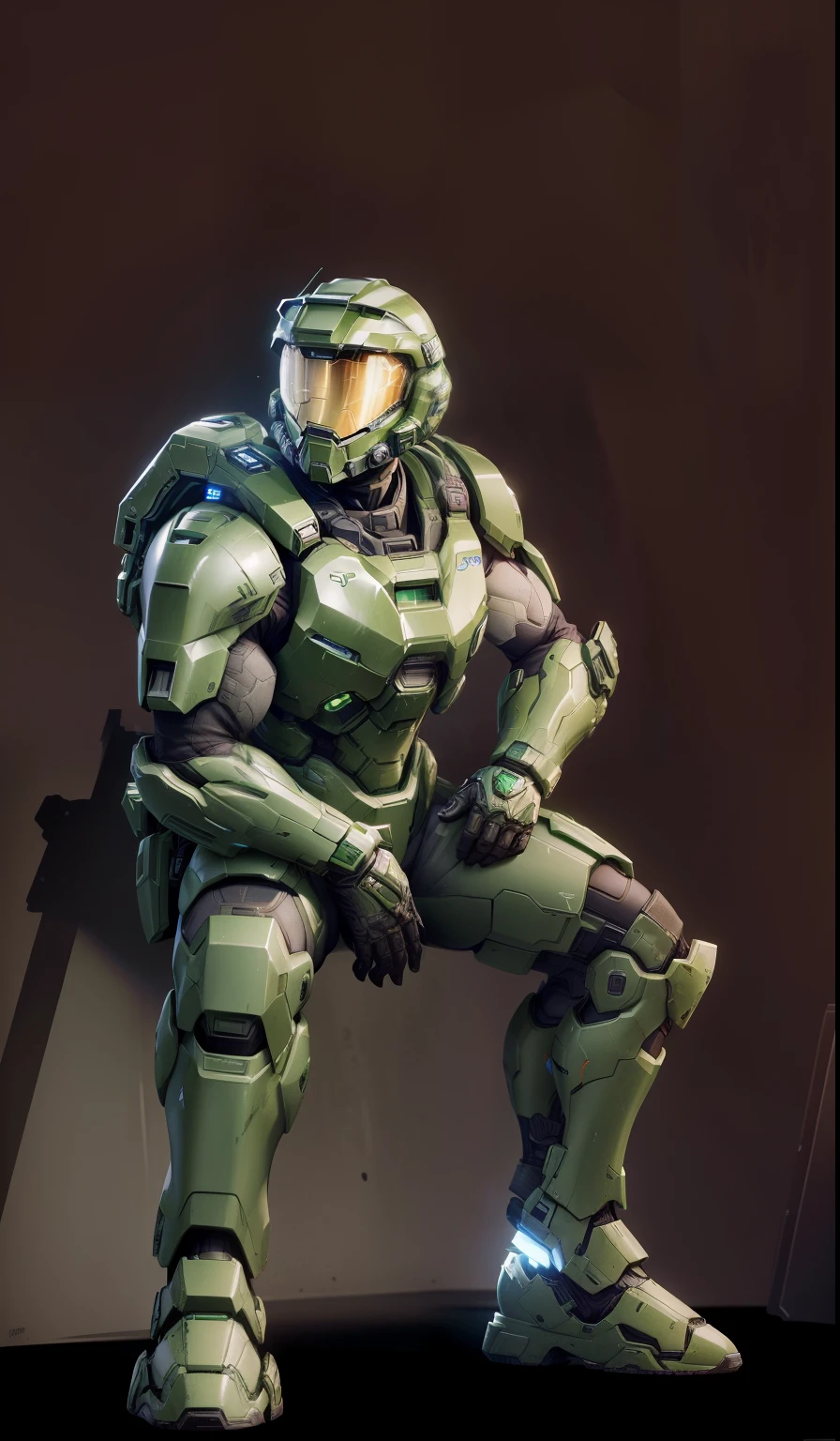 Full body shot of a man in a green suit s, mjolnir armor from halo infinite, metallic armor, armor, master chief, master chief from halo, wearing blue battle armor, halo master chief, wearing blue armor and helmet, hardsurface armour, halo infinite!!, halo infinite, clothed in sci-fi military armor