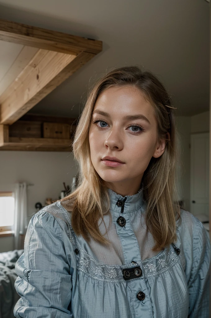 ((best quality)), ((Meisterwerk)), (Detailliert), Perfektes Gesicht, 1.1, Hochdetaillierte Gesichts- und Hautstruktur, Detaillierte Augen, Anna Björn a 21 year old blonde swedish girl, selfies in her room, modest clothing, cute makeup