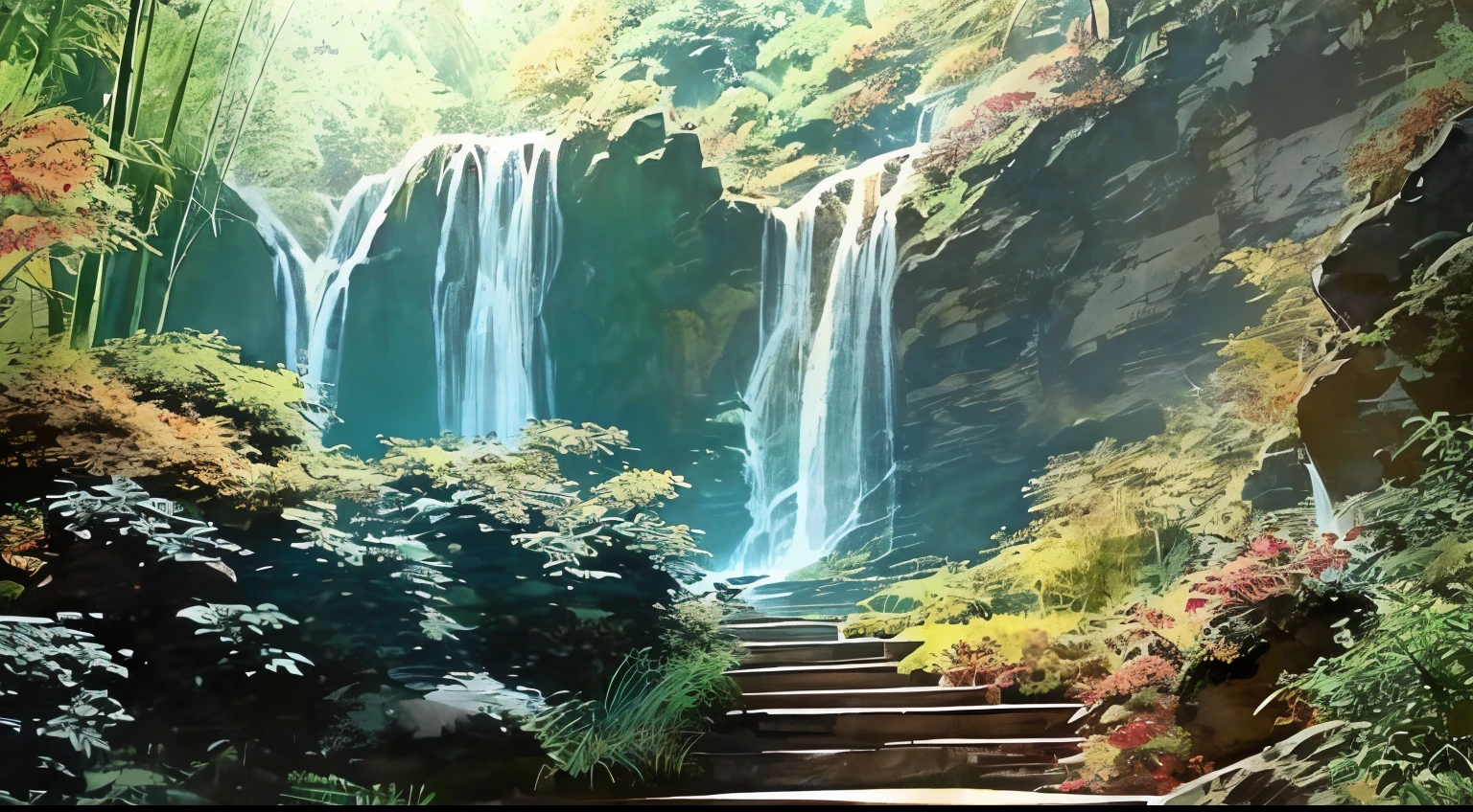 There  a photo of a beautiful garden，There are steps leading to the waterfall, leading to a beautiful, nature wallpaper, Stunning natural background, bamboo forrest, 千 葉 雄 大,, with trees and waterfalls, nature scenes, Red maple forest in the distance