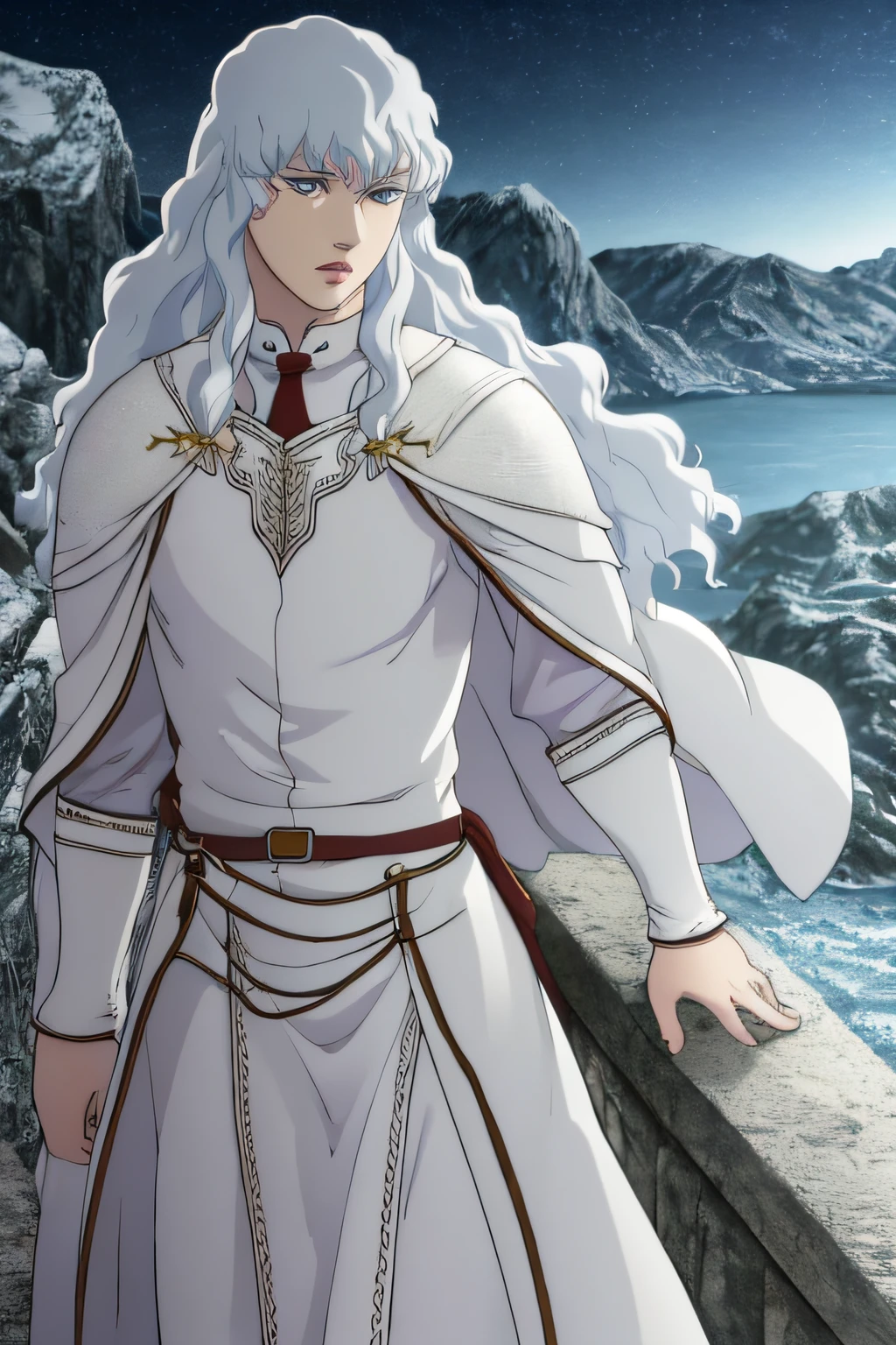 (8K, RAW photo, Highest Quality),Realistic,Griffith,intricate details,((Androgyne)),Griffith \(Berserk\),1boy,see,blue eyes,closed mouth,lips,Long hair,looking at the side,male focus,独奏,Wavy Hair,white colored hair,Anime colors,White costume,tie,urban landscape,Starry sky,