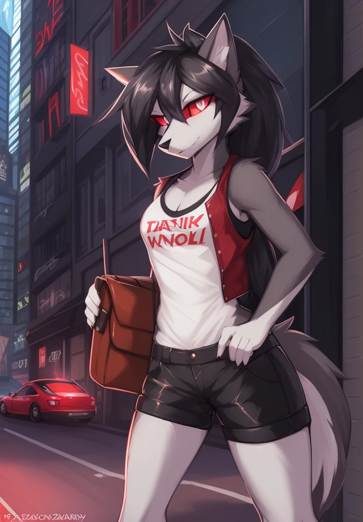 zackary911, by zackary911, anthro, lycanroc, hellhound, ((dark grey fur)), female, solo, 1woman, small breasts, shorts, leather jacket, tank top, ((red sclera)), ((silver eyes)), wolf tail, ponytail, black hair, city street scene, courier bag, spellbook