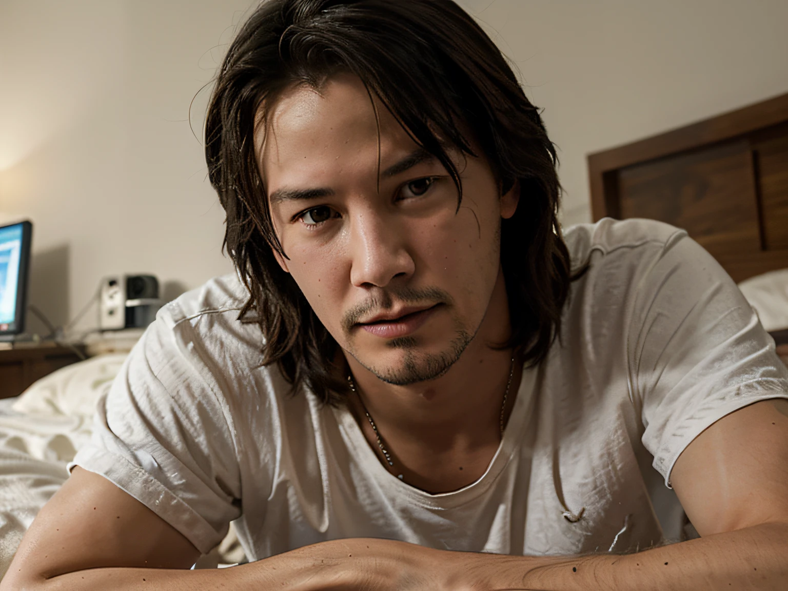 ager Keanu Reeves, doesn't look at the camera, in bed, drowsy, Shabby, chaos after drinking, Digital Art, Maximum Quality