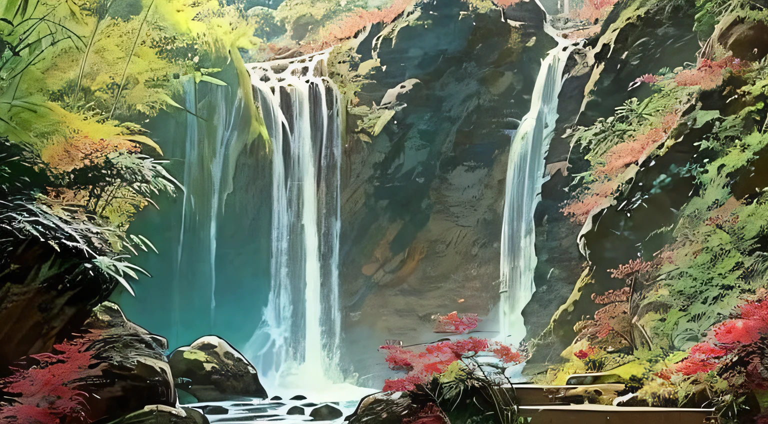 There a photo of a beautiful garden,There are steps leading to the waterfall, leading to a beautiful, nature wallpaper, Stunning natural background, bamboo forrest, 千 葉 雄 大,, with trees and waterfalls, Natural scenes, Red maple forest in the distance
