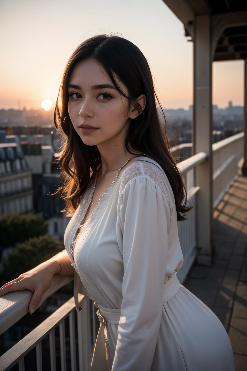 a wonderful woman portrait with Nikon Z8 camera with the lens Nikon Nikkor Z 50mm F1.8 gazing at the sunset with a nostalgic gesture in Paris at the beginning of the 20th century