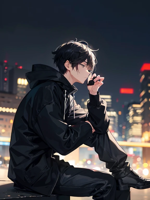 1 guy, from the side, with short black hair, asian, black white, blurred city background, with devoid look, night scenery, phone in hand, depressed, undercut hair, winter clothing, sitting