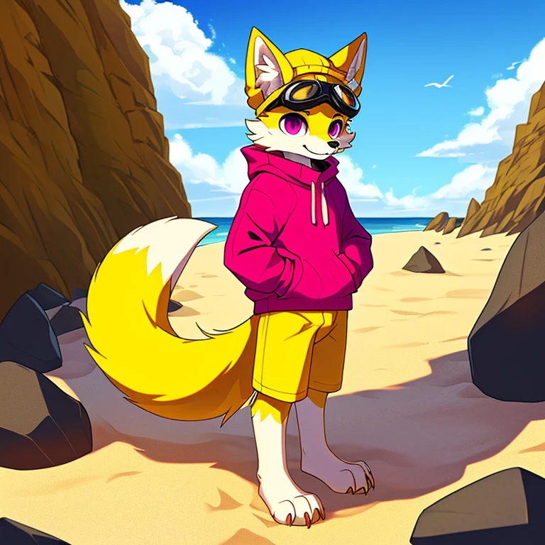 (A character), (fox with yellow fur and white chest), (under muzzle is white), (yellow fur), (white tail tip), (wearing a magenta sweater), (light blue scarf), (yellow jockey hat with orange visor), (orange visor), (magenta eyes), (slim and fit body), (apparently slim but strong appearance), (relaxed expression), (male), (medium height), (solitary), (white eyebrows), (4 toes on his paws), (5 toes on his hands), (magenta eyes), fluffy, (fluffy fur), (goggles), (black crystal goggles), (yellow paws), (background beach), (beach), (rocks in the sand), rocks, (his sweater covers his crotch), (yellow tail with white tips), (his paws and hands are yellow), (black paws), (claws), (golden fur), (golden yellow fur), (black pawpads), kerchief, (cloudy), (cloudy day), (cloudy day at the beach), (rain), (rain at the beach), (rain at the beach), (yellow cap), (yellow cap with orange visor), young, (white eyebrows), (thick eyebrows), (claws on their toes), (claws on their fingers), (short claws), short, (medium height), "magenta sweater", "light blue kerchief", "orange cap", (dark background), (cloudy), (cloudy sky), (cloudy sky), (showing a plant from his paw), penis, (canine penis), (canid penis), (penis peeking out from under sweater), (flaccid penis), (penis with yellow fur), (lifting his sweater), (without pants), (standing), (leaning on a rock), (big penis), NSFW. (penis), (relaxed), (pants down), sexy, flaccid, (flaccid penis), dick, ass, glutes, (round glutes), sitting, resting, (crouched down), pawpads