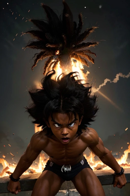 darkskin, brown kid, hair till shoulder, hair like goku, dragon ball, goku, vegeta, anime, cartoon, black kid, young, big hair, Super Saiyan hair, hair like Super Saiyan 2, loading power, fighting stand, angry, fire in hands