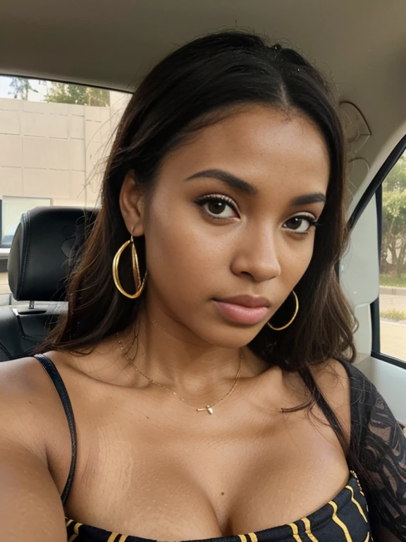 masterpiece, 8k, wallpaper, best quality, extremely face details, ultrarealism, black african chocolate fit girl in a car topless