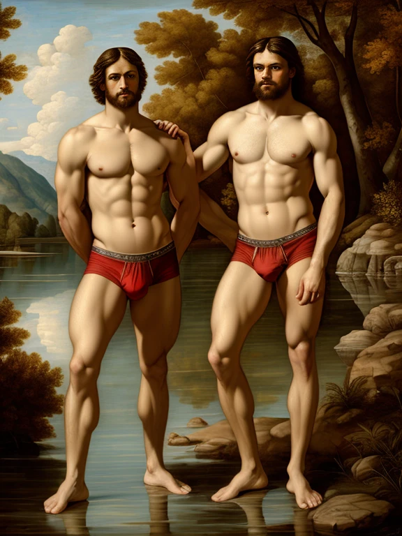 Oil painting, Renaissance style, Fresco style, full body, two males, men, by a scenic lake, muscular, handsome, ((Red briefs)), Bulge, very detailed, detailed painting, ((Brush stroke texture)), Canvas texture, style by Leonardo Da Vinci,