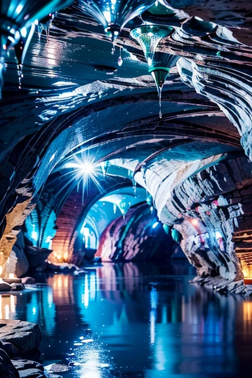 glass-cave,natural light,transparent walls,crystal-clear formations,sparkling interior,frozen water droplets,reflective pools,ethereal atmosphere,stalactites and stalagmites,subterranean wonders,architectural marvel,prismatic colors,sublime beauty,enchanting landscape,hidden treasure,adventurous exploration,mysterious depths