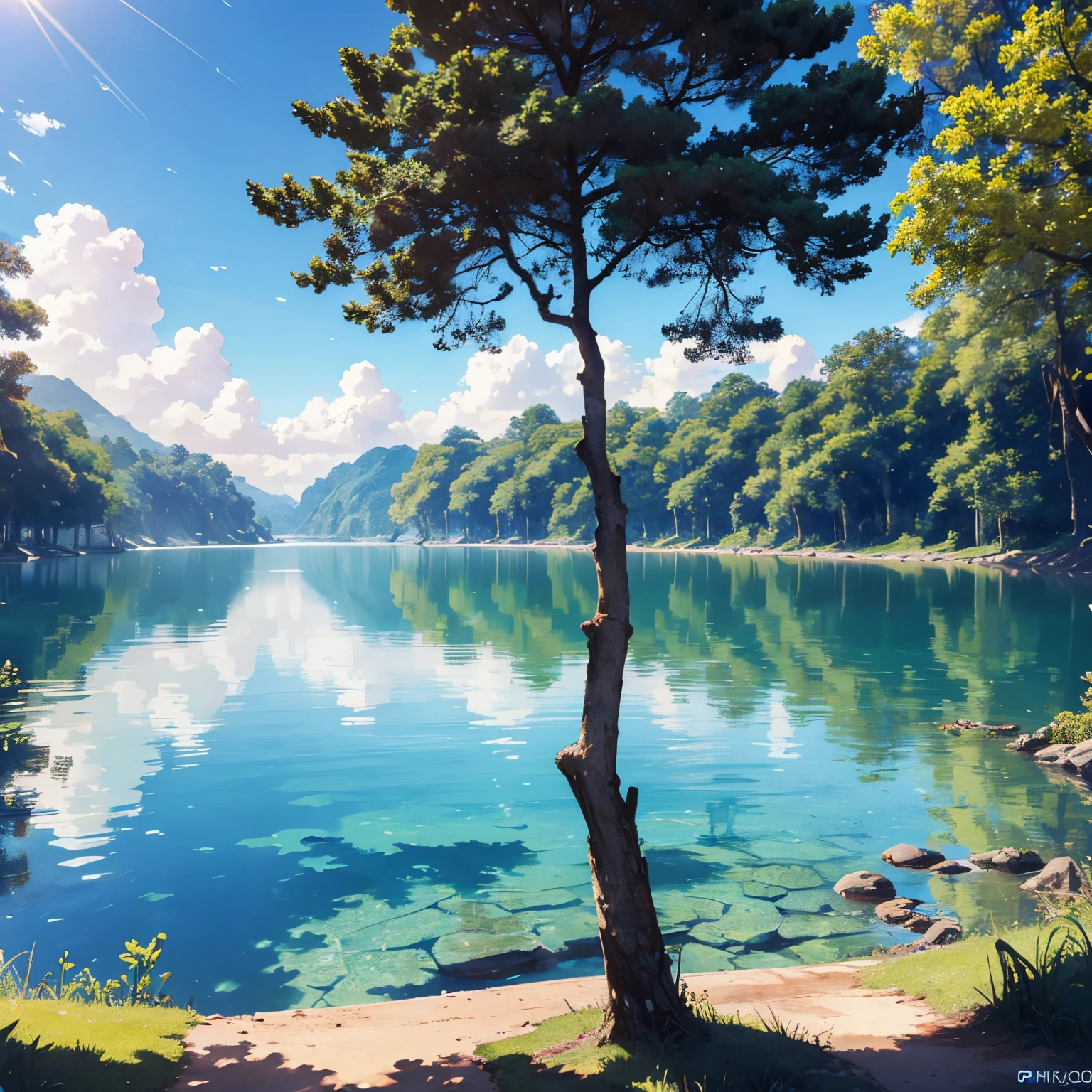 trees, paisaje, sol directo de fondo, mucha solo, brillante, prado, cielo azul