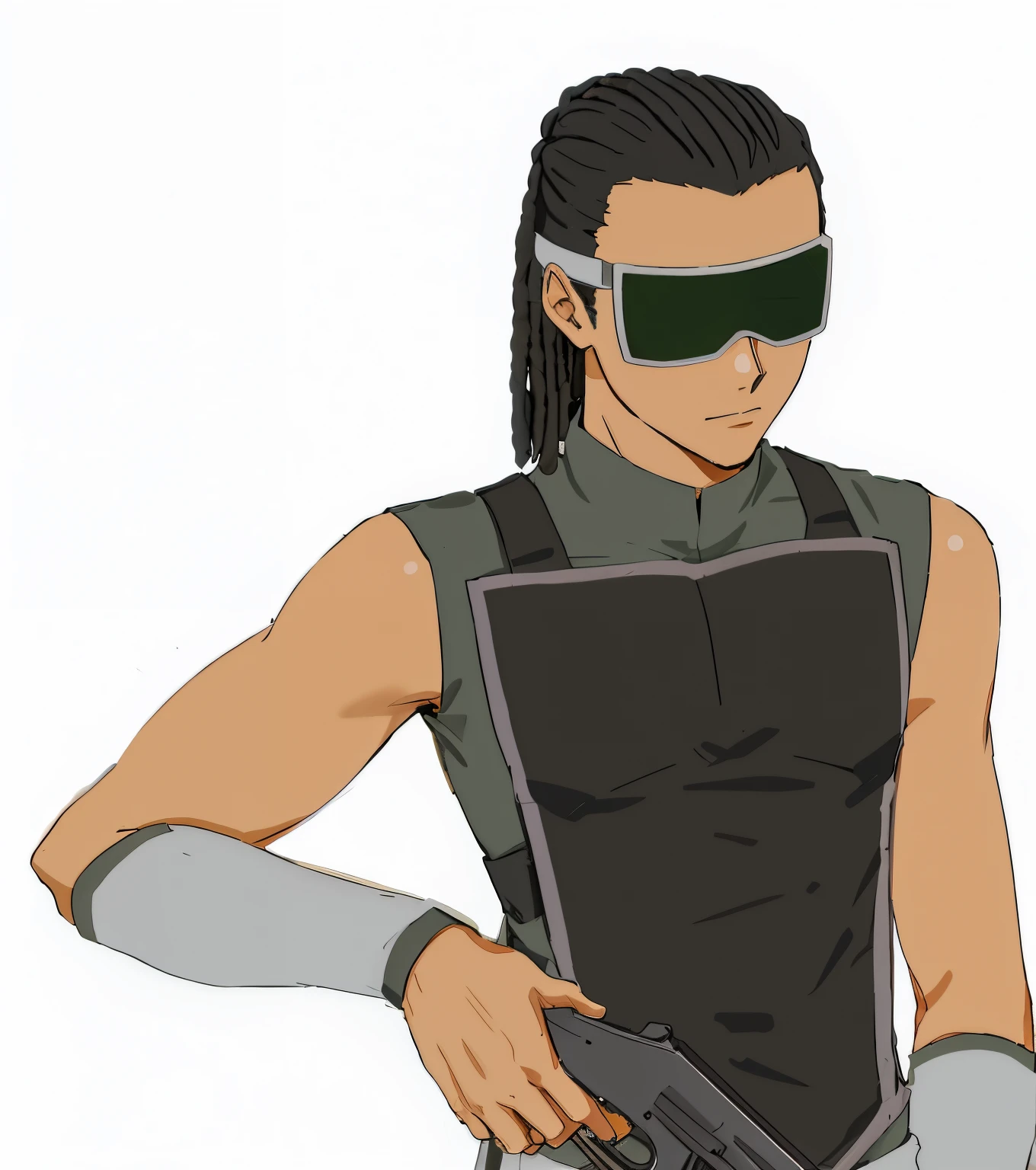 Anime african man in a black vest and googles holding a gun, kaname tosen