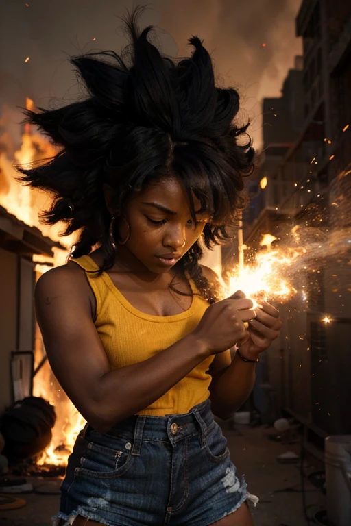 girl, darkskin girl, brown kid, hair till shoulder, hair like goku, dragon ball, goku, vegeta, anime, cartoon, black kid, young, big hair, Super Saiyan hair, hair like Super Saiyan 2, loading power, fighting stand, angry, fire in hands, building background