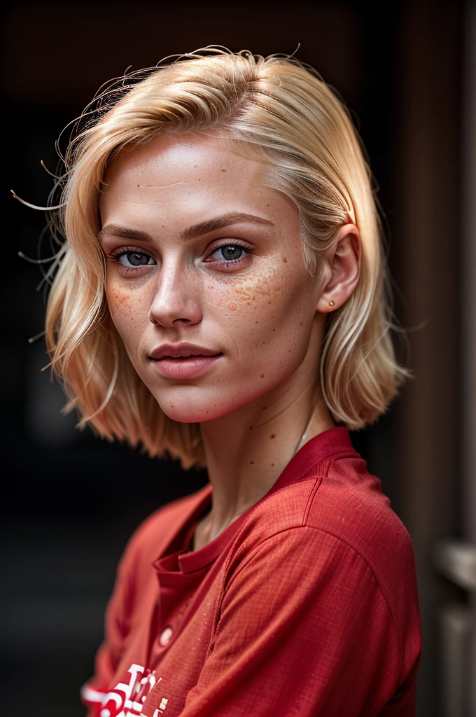 RAW photo, portrait of a beautiful blonde woman wearing a red shirt (high detailed skin:1.2), 8k uhd, dslr, soft lighting, high quality, film grain, Fujifilm XT3