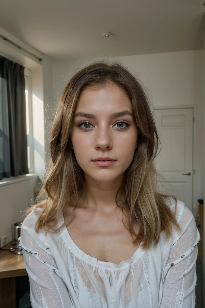 ((best quality)), ((Meisterwerk)), (Detailliert), Perfektes Gesicht, 1.1, Hochdetaillierte Gesichts- und Hautstruktur, Detaillierte Augen, Anna Björn a 21 year old blonde swedish girl, selfies in her room, modest clothing, cute makeup