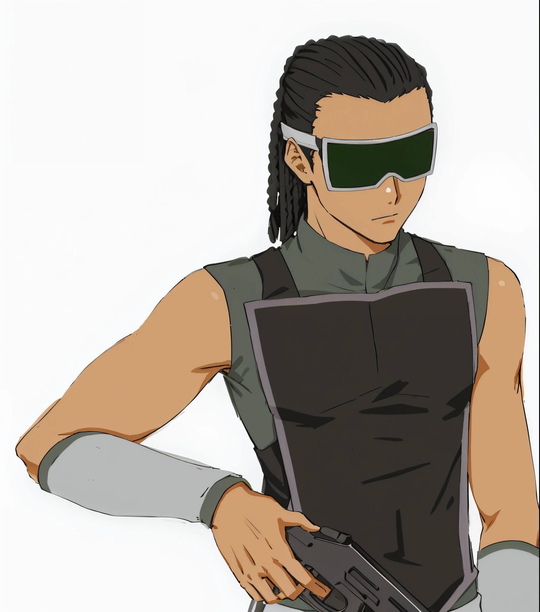 Anime african man in a black vest and googles holding a gun, kaname tosen